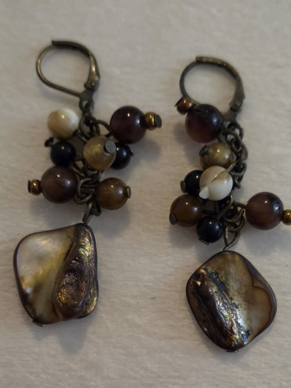 Vintage Bronze Boho Cluster Earrings | Brown Mother of Pearl Shell Dangles